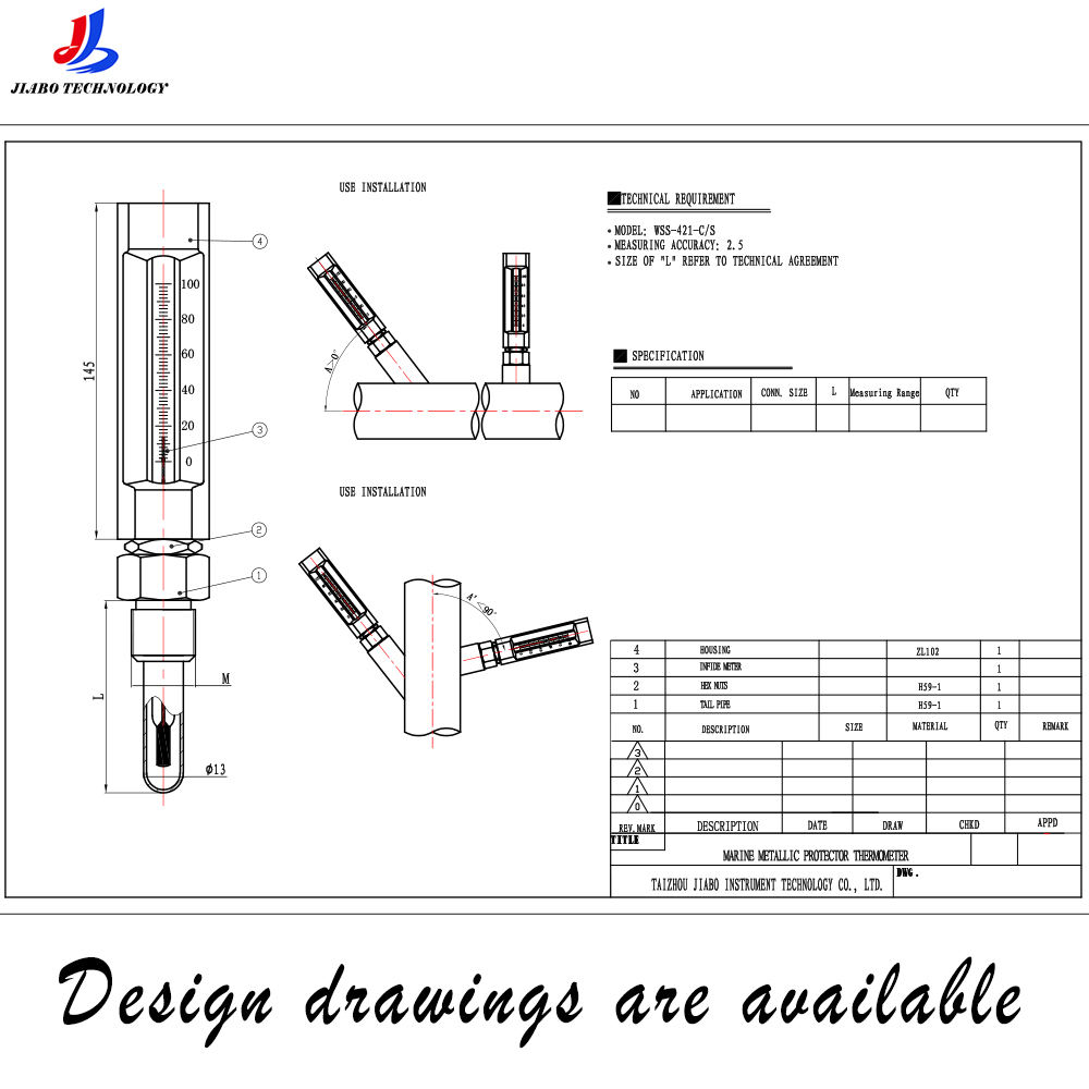 insert tubes Temperature measuring instrument Marine thermometer for marine industrial thermometers